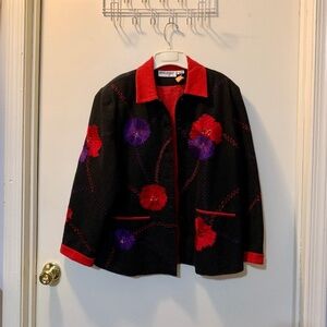 Vintage Anage Bead & Sequin Embroidered Jacket Black w Red & Purple Size L